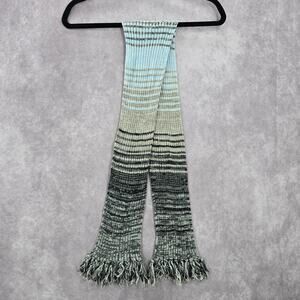 Gray Green Blue Fringe Stripe Tassels Y2K VTG Wrap Shawl Cable Knit‎ Scarf